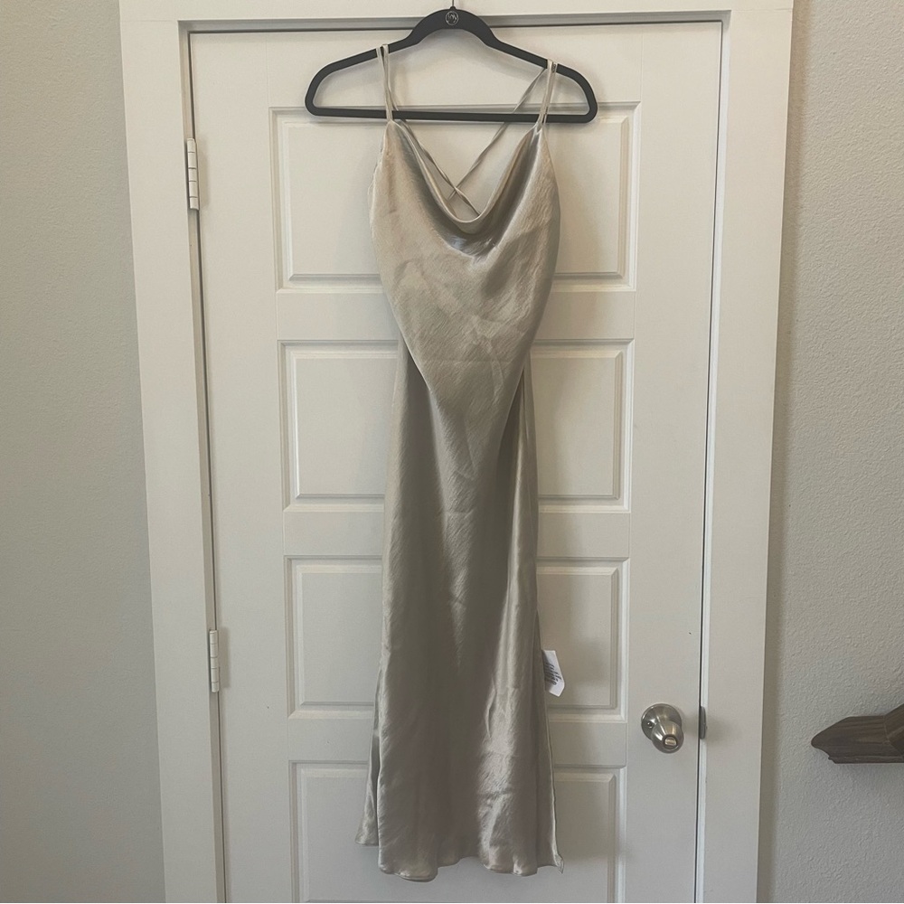 ASOS DESIGN Cami Maxi Satin Slip Dress with Lace‎ Up Back Size 6 in Silver NWT